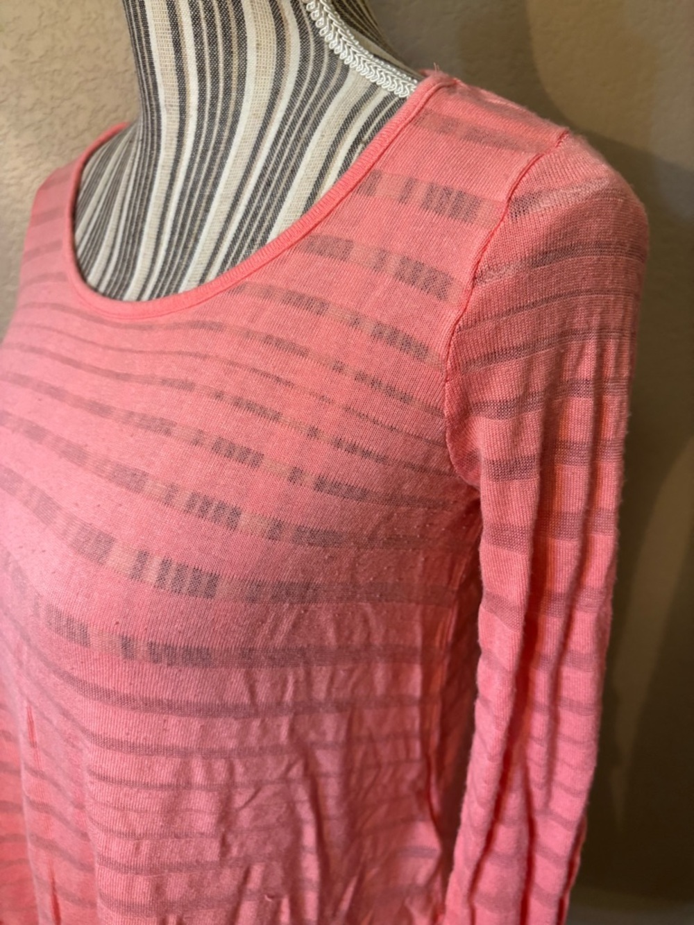 Forever 21 Top Small Coral Pink Semi-Sheer Striped Long-Slv Boat Neck Stretch - Picture 7 of 14
